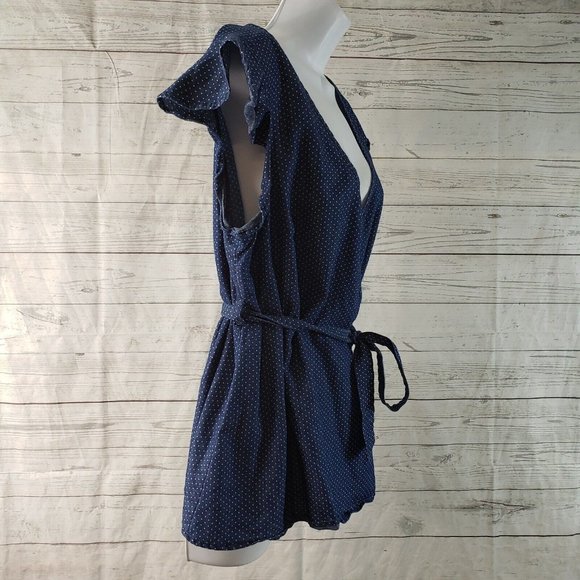 Modcloth Womens Top Sz Large Blue‎ Polka Dot Cap Sleeve V-Neck Belted - Picture 2 of 4